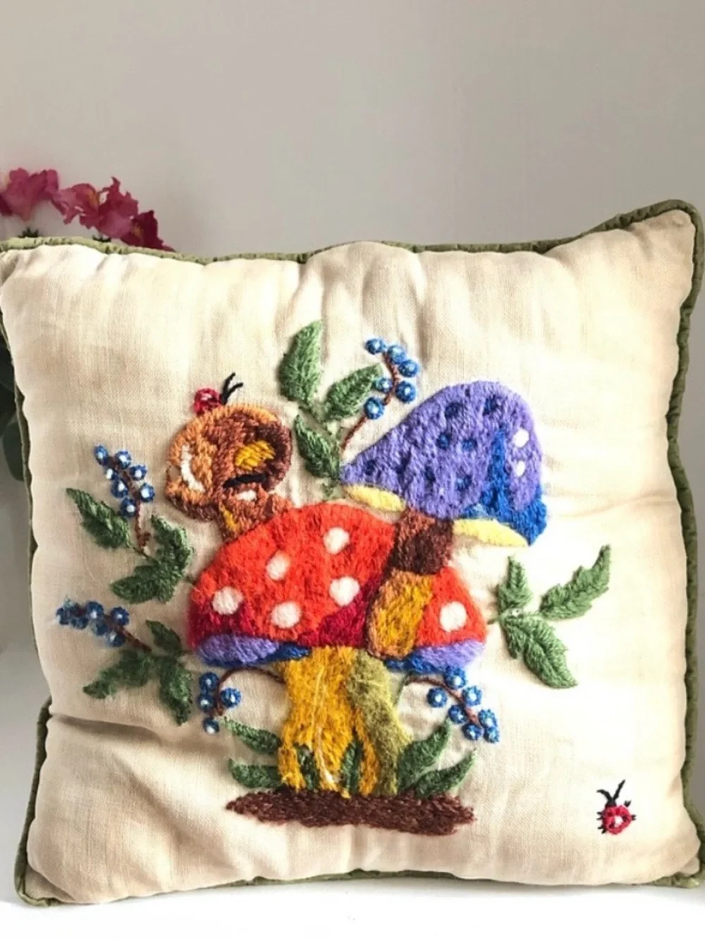 Vintage 60s Boho Hippie Embroidered Crewel Mushroom Pillow